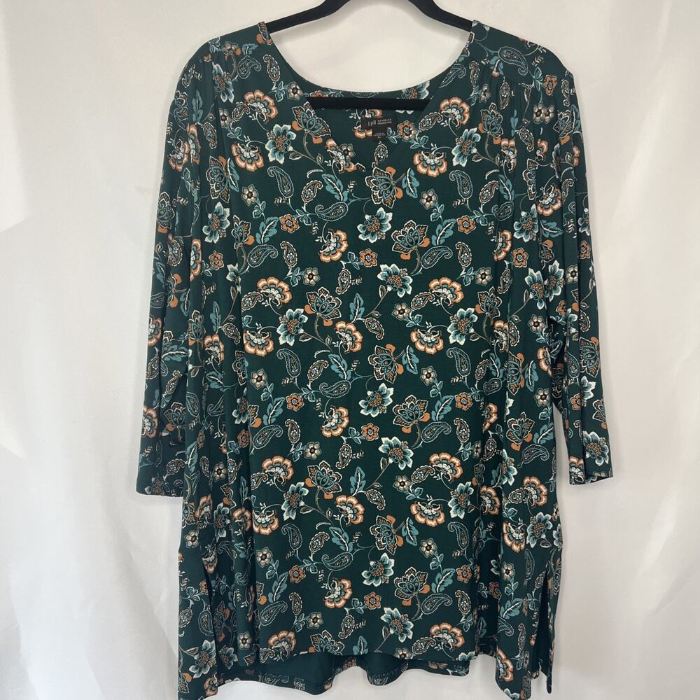 J.Jill Wearever Tunic Top Teal Orange Paisley Blouse Size XL Stretch 3/4 Sleeve